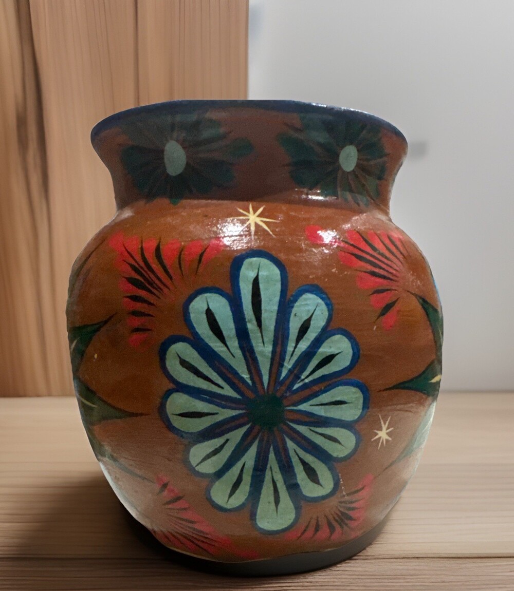 Mexican Pot Vase Red Clay Hand painted Vibrant Floral 5 “ Boho